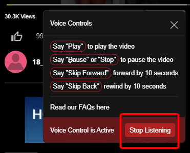 Klicken Sie auf Stop Listening, um die Sprachsteuerung des Players auszuschalten.
